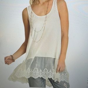 Umgee Off White Ribbed Tank Top Racer back Lace boho New